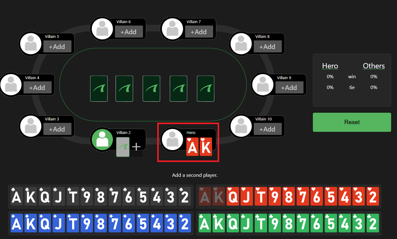 Poker odds calculator interface: choosing your two hole cards