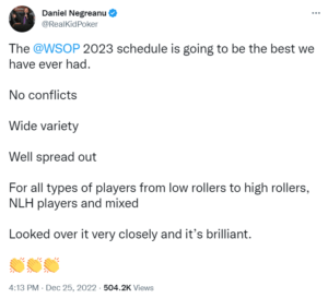 Daniel Negreanu shares a tweet about the 2023 WSOP schedule and how it favors low stakes poker players and high stakes poker players.