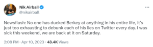 Nik Airball versus Matt Berkey high stakes heads-up cash game grudge match at Resorts World in Las Vegas tweet from Nik Airball on Twitter.