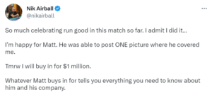 Nik Airball versus Matt Berkey high stakes heads-up cash game grudge match at Resorts World in Las Vegas tweet from Nik Airball on Twitter.