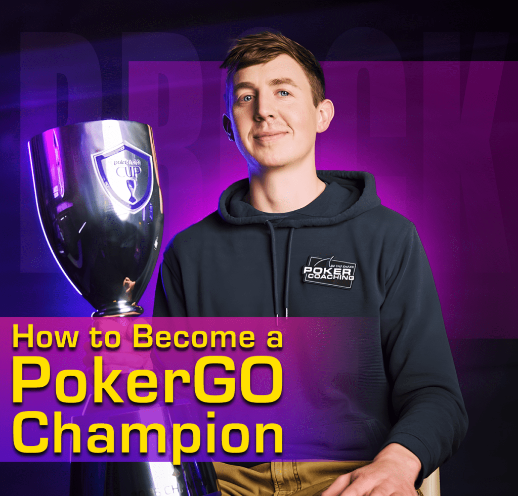 Young man in a dark hoodie holding a large trophy with a purple gradient background and the title 'How to Become a PokerGO Champion' overlaid.