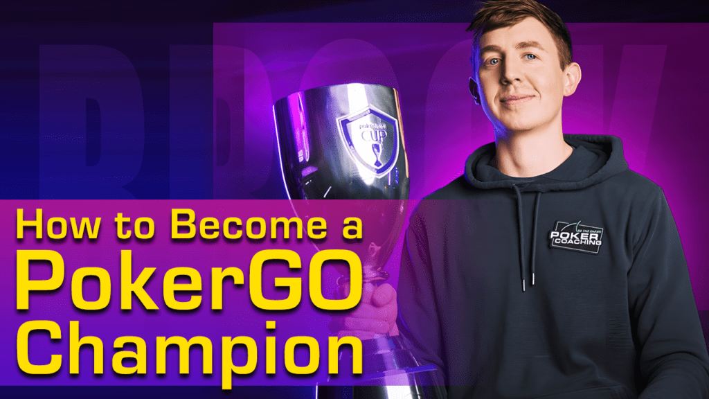 Young man in a dark hoodie holds a large trophy, with bold yellow text reading 'How to Become a PokerGO Champion' on a purple background?