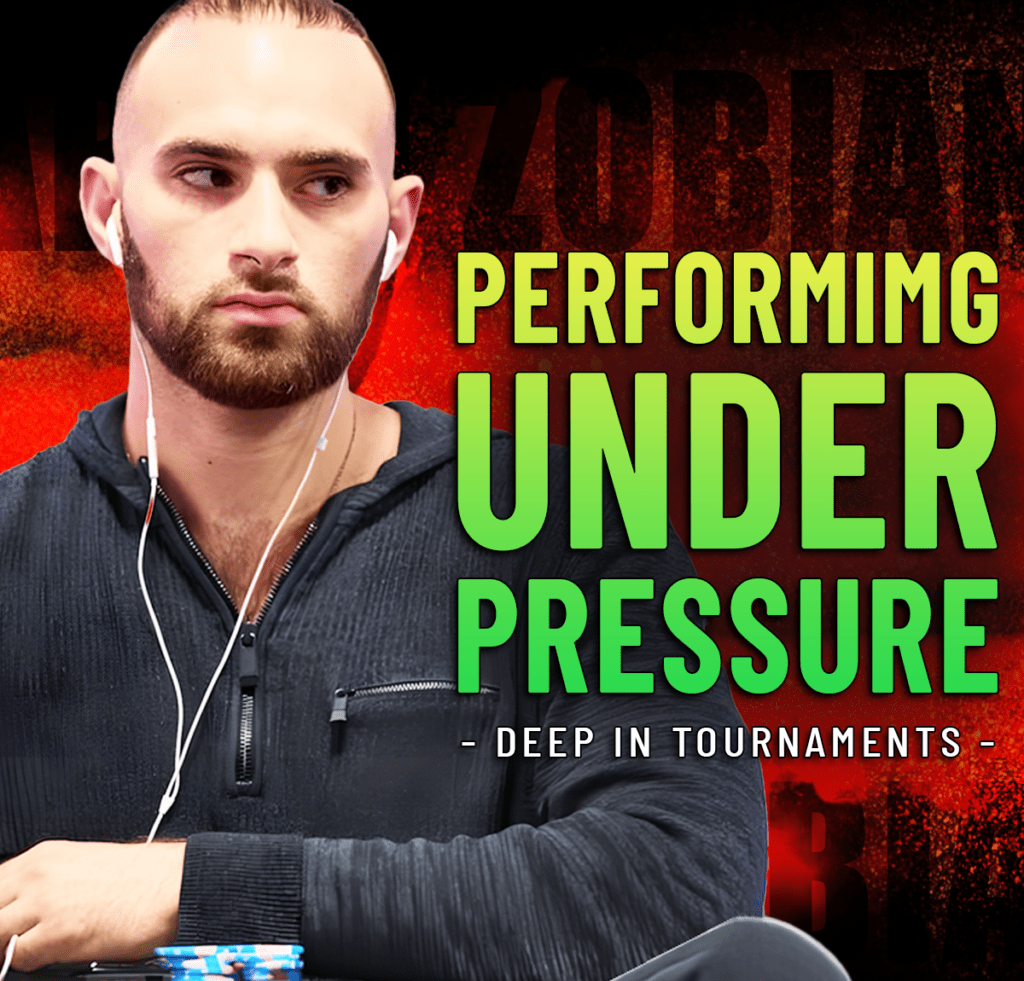 Thumbnail for 'Performing Under Pressure' podcast: man with white earbuds in a dark hoodie against a red background, bold lime-green title text.