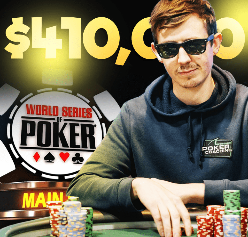 Poker player with sunglasses sits at a green felt table, stacks of chips in front, WSOP logo in the background and $410,000 displayed above.