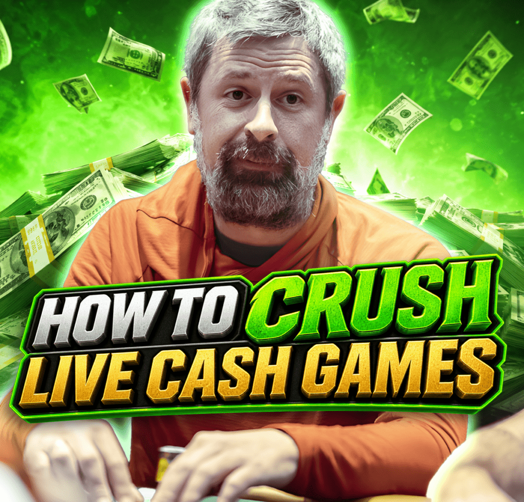 Thumbnail for a gambling tutorial video: man with gray beard in an orange shirt, green money background, bold “HOW TO CRUSH LIVE CASH GAMES” text overlay.